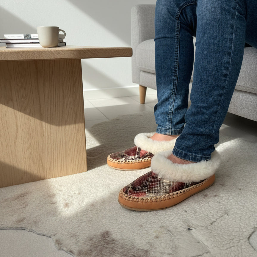 Person wearing patterned slippers with white fur lining on a textured floor.