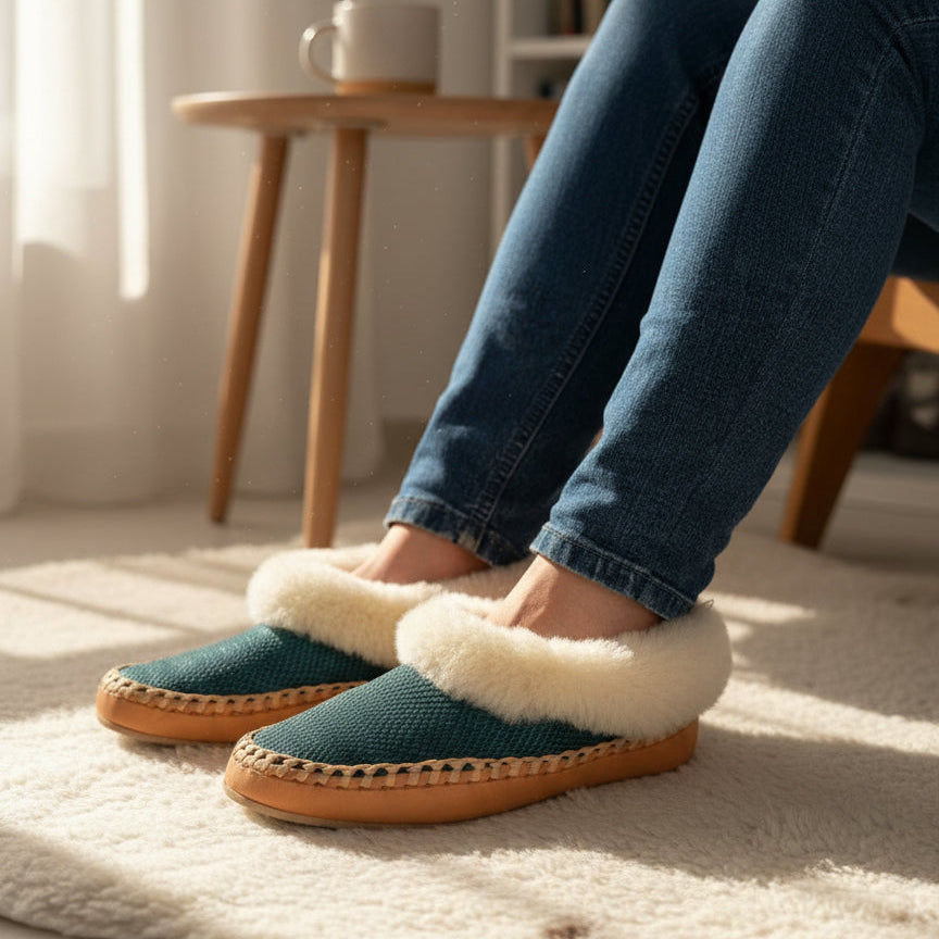 Teal slippers with white fur lining worn by a person in jeans on a carpeted floor.