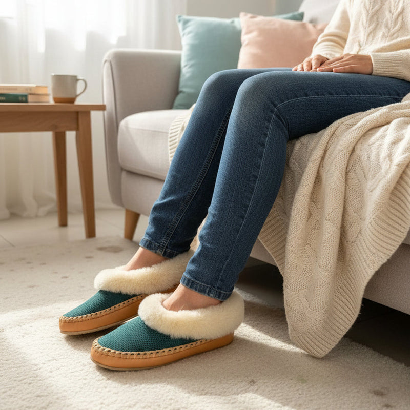 Teal slippers with white fur lining worn by a person in jeans on a carpeted floor.
